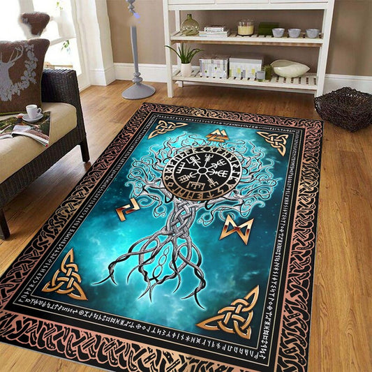 Icelandic Old Norse Mythology Celtic Viking Yggdrasil Tree of Life with Vegvísir Rune Power Symbol (Rectangle Floor Decor Rug, 5 SIZES!)