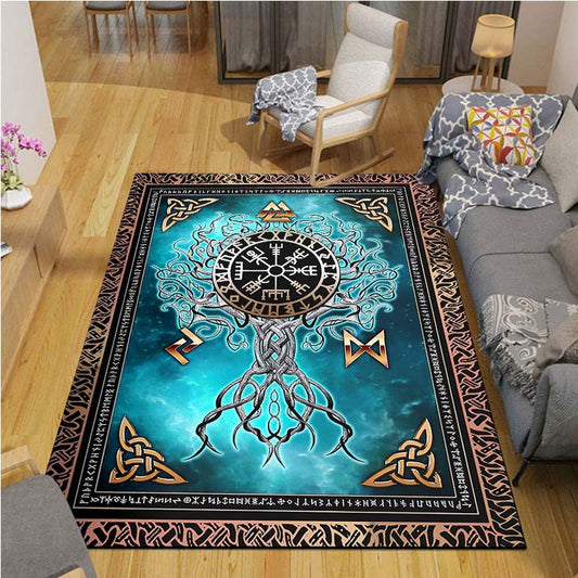 Icelandic Old Norse Mythology Celtic Viking Yggdrasil Tree of Life with Vegvísir Rune Power Symbol (Rectangle Floor Decor Rug, 5 SIZES!)
