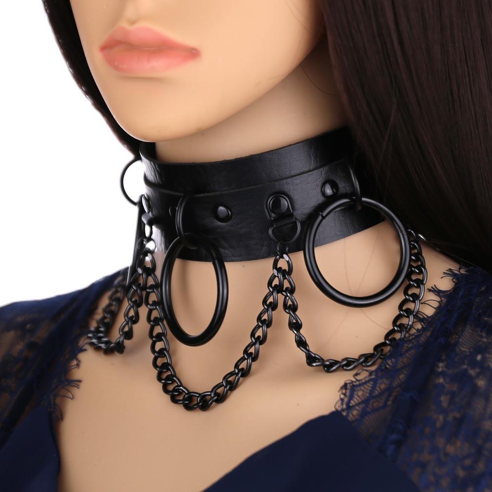 Heavy Goth Punk Leather & Metal Choker Chain Collar Necklace (5 COLORS!)